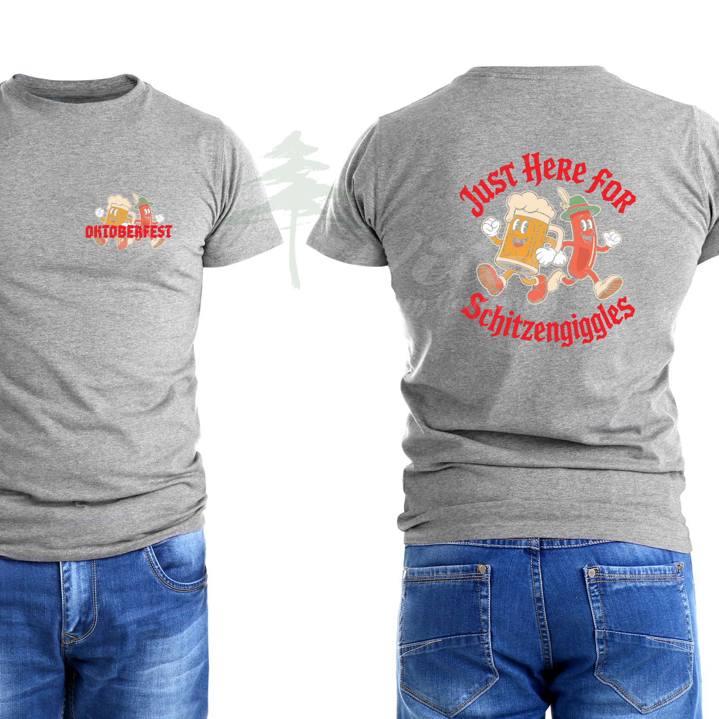 Gray t-shirt with Oktoberfest design on front and text on back, worn by a person.