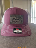 A Richardson 112 trucker hat in a dusty rose/maroon color with white stitching, featuring a grey rectangular patch on the front with a greyhound graphic and the text 'CATHEDRAL Greyhounds'. The back of the cap is white mesh.