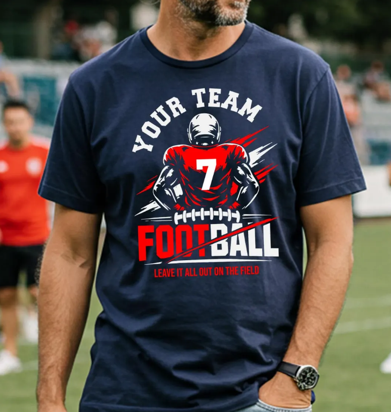 A man wearing a navy blue t-shirt with a custom football graphic. The graphic features a football player in a red jersey with the number 7, the words 'YOUR TEAM' and 'FOOTBALL' in white and red, and 'LEAVE IT ALL BUT ON THE FIELD' at the bottom.