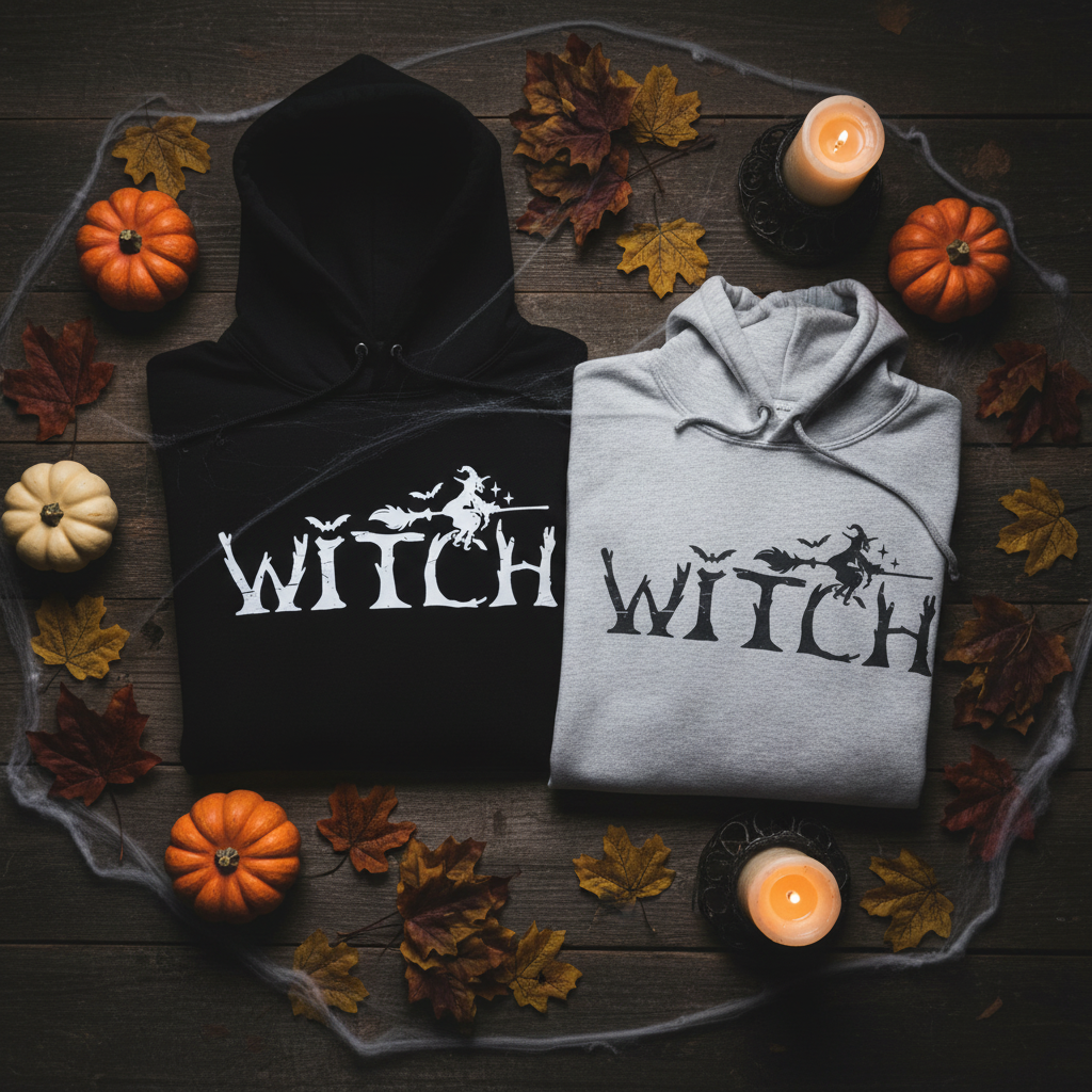 Two hoodies laid flat on a dark wooden surface: one black hoodie with a white 'WITCH' graphic and one light gray hoodie with a black 'WITCH' graphic. The hoodies are styled with autumn leaves, small pumpkins, cobwebs, and two lit candles.
